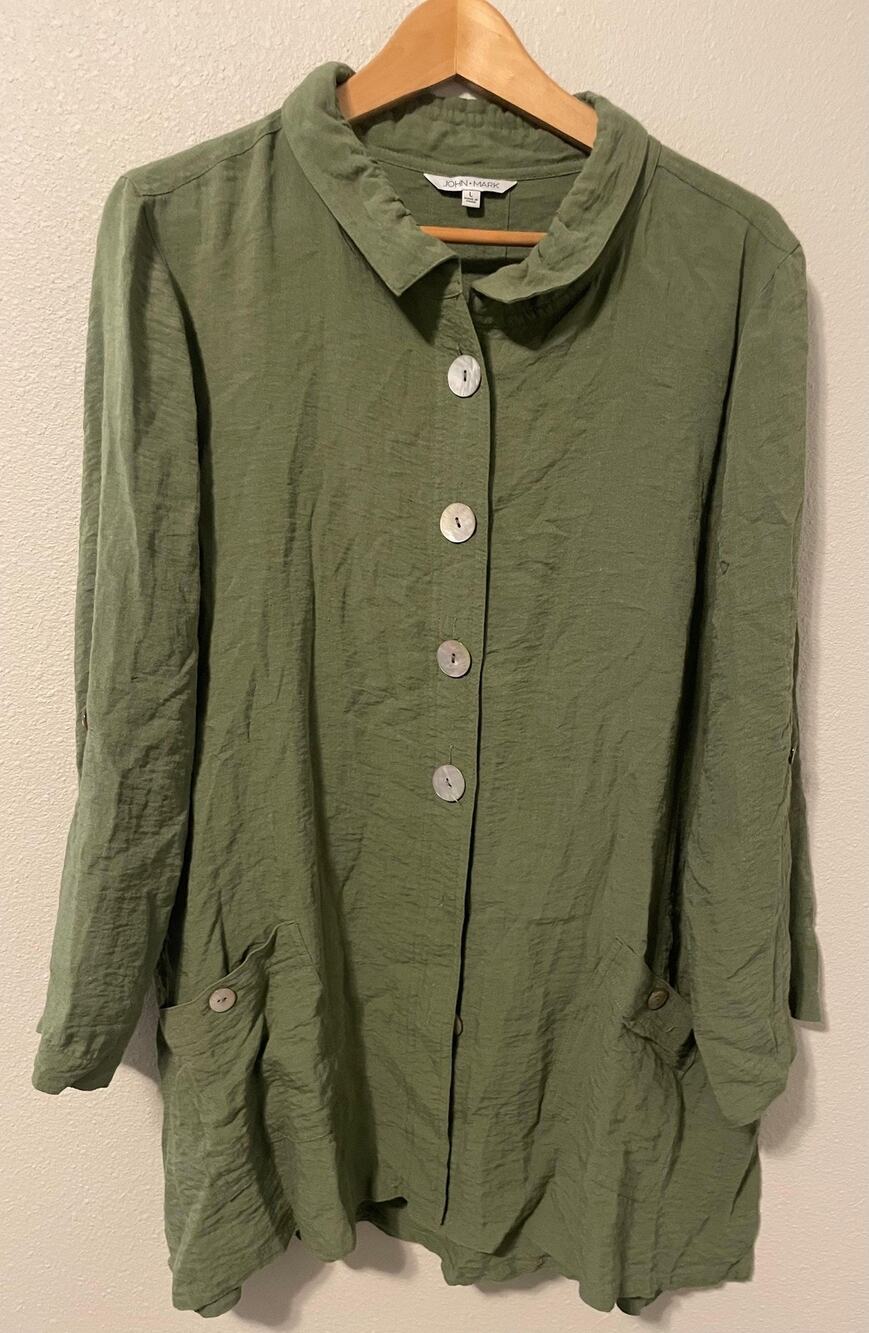 John Mark Tunic Top Womens Large Green Rayon Button Front Pockets Relaxed Boho